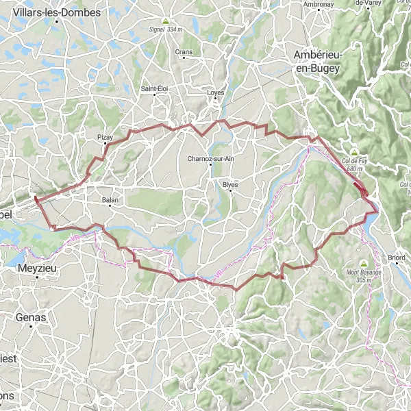 Miniatuurkaart van de fietsinspiratie "Gravelroute Beynost-Montalieu-Vercieu" in Rhône-Alpes, France. Gemaakt door de Tarmacs.app fietsrouteplanner