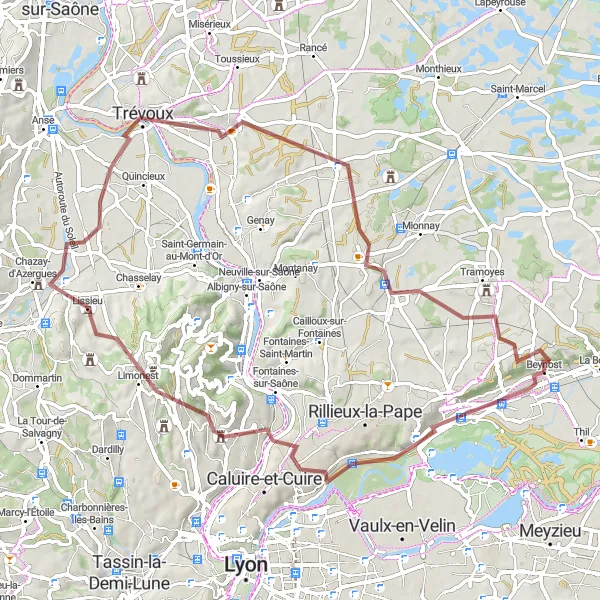 Mapa miniatúra "Gravelová cyklotúra s prevýšením cez Miribel a Mont Cindre" cyklistická inšpirácia v Rhône-Alpes, France. Vygenerované cyklistickým plánovačom trás Tarmacs.app