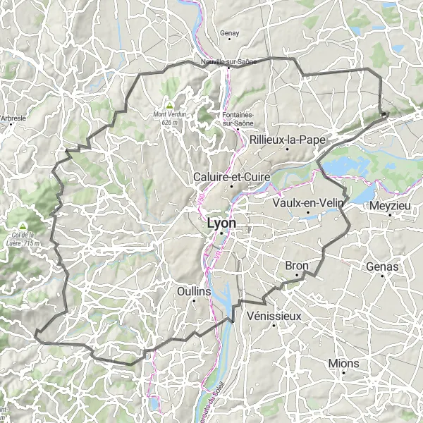 Karttaminiaatyyri "Miribel Loop Cycling Tour" pyöräilyinspiraatiosta alueella Rhône-Alpes, France. Luotu Tarmacs.app pyöräilyreittisuunnittelijalla
