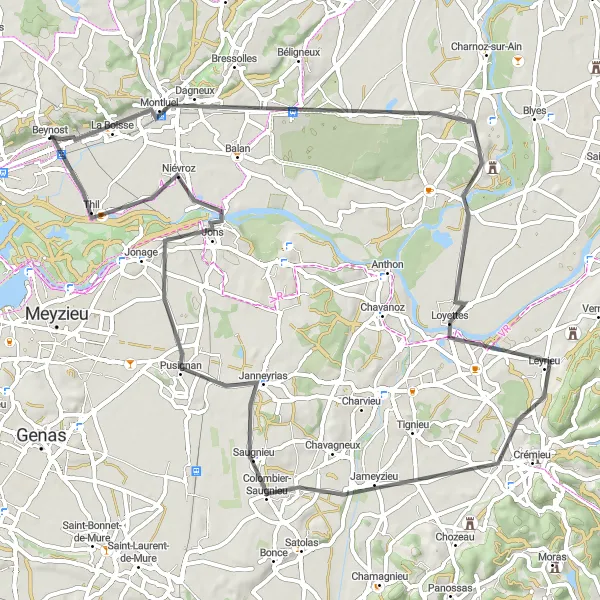 Miniature de la carte de l'inspiration cycliste "La Boucle des Berges de l'Ain" dans la Rhône-Alpes, France. Générée par le planificateur d'itinéraire cycliste Tarmacs.app