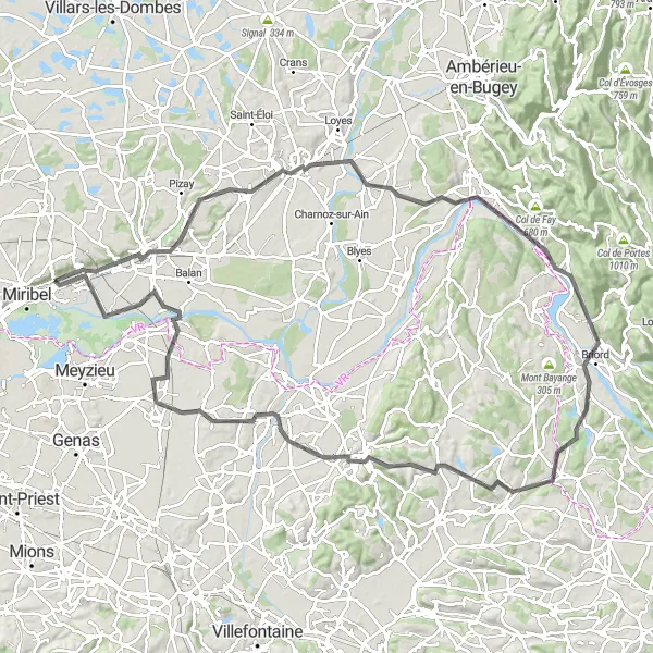 Miniaturní mapa "Road Beynost - Saint-Maurice-de-Beynost loop" inspirace pro cyklisty v oblasti Rhône-Alpes, France. Vytvořeno pomocí plánovače tras Tarmacs.app