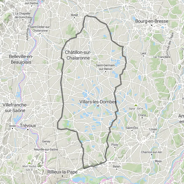 Miniaturní mapa "Road cyklotrasa přes Ambérieux-en-Dombes" inspirace pro cyklisty v oblasti Rhône-Alpes, France. Vytvořeno pomocí plánovače tras Tarmacs.app