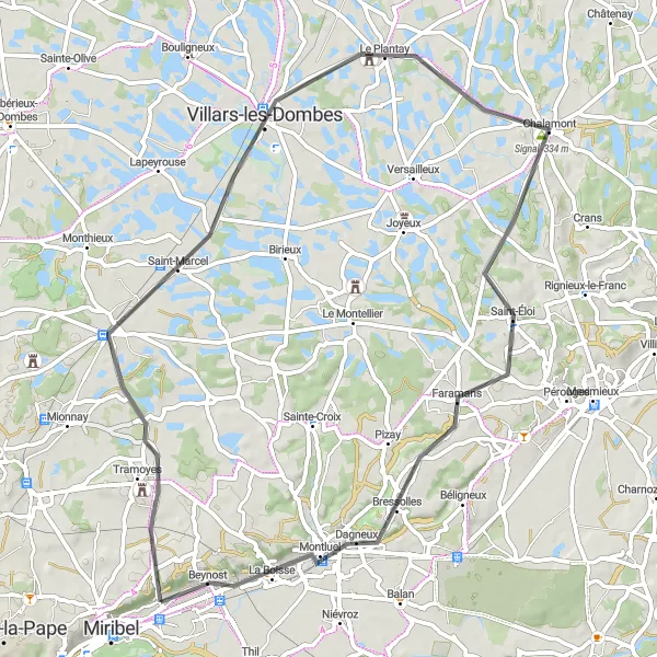 Karten-Miniaturansicht der Radinspiration "Rundfahrt von Beynost nach Tramoyes und zurück" in Rhône-Alpes, France. Erstellt vom Tarmacs.app-Routenplaner für Radtouren