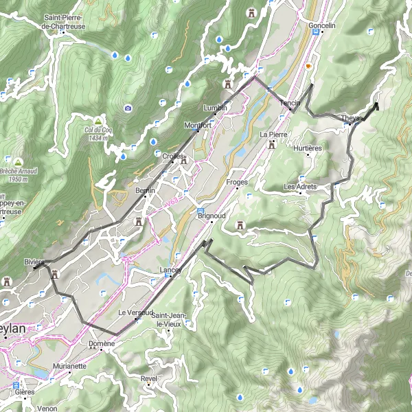 Miniatua del mapa de inspiración ciclista "Ruta escénica desde Crolles" en Rhône-Alpes, France. Generado por Tarmacs.app planificador de rutas ciclistas