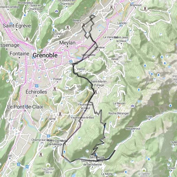 Kartminiatyr av "Spännande vägcykelrutt till Château d'Uriage" cykelinspiration i Rhône-Alpes, France. Genererad av Tarmacs.app cykelruttplanerare