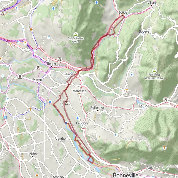 Miniature de la carte de l'inspiration cycliste "Les Graviers de Boëge" dans la Rhône-Alpes, France. Générée par le planificateur d'itinéraire cycliste Tarmacs.app