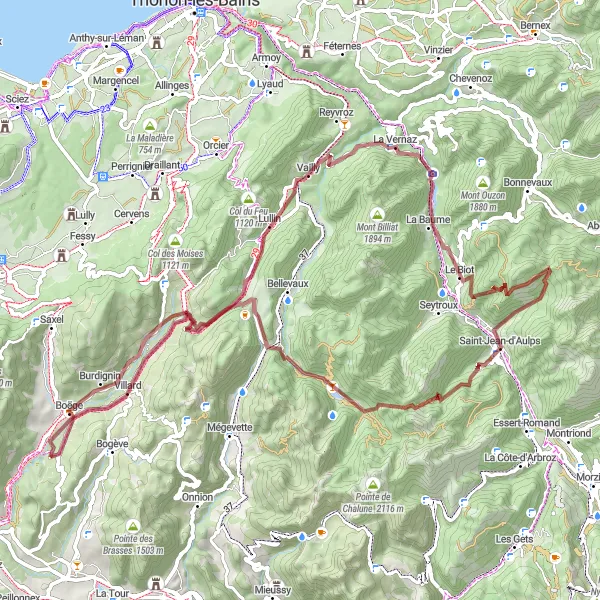 Miniatura della mappa di ispirazione al ciclismo "Avventura in bicicletta tra Saint-André-de-Boëge e Habère-Lullin" nella regione di Rhône-Alpes, France. Generata da Tarmacs.app, pianificatore di rotte ciclistiche