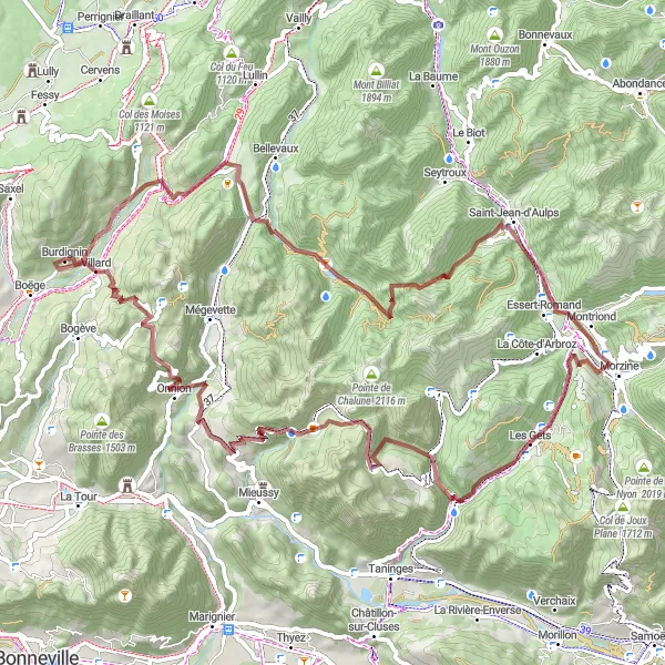 Miniaturekort af cykelinspirationen "Udfordrende terræn rundt om Boëge" i Rhône-Alpes, France. Genereret af Tarmacs.app cykelruteplanlægger
