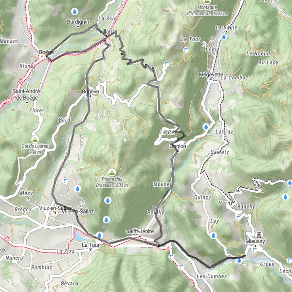 Miniature de la carte de l'inspiration cycliste "Boucle à travers les villages de Charme" dans la Rhône-Alpes, France. Générée par le planificateur d'itinéraire cycliste Tarmacs.app