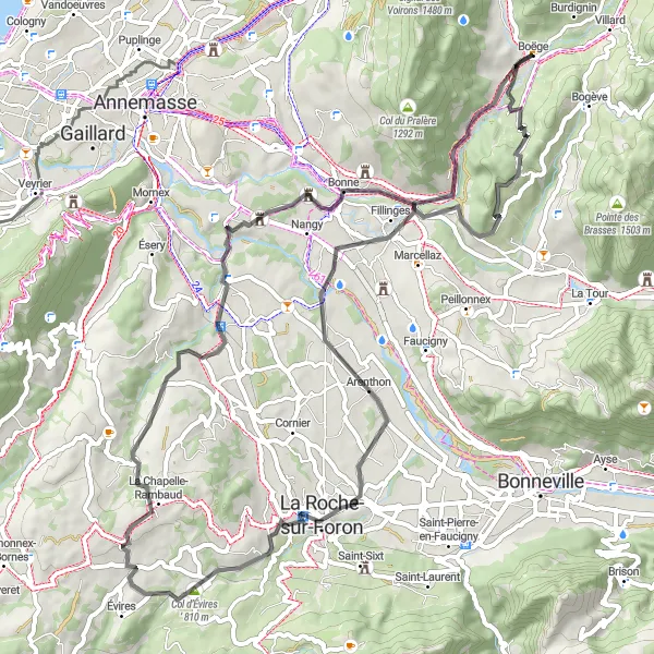 Kartminiatyr av "Runt Boëge via La Roche-sur-Foron" cykelinspiration i Rhône-Alpes, France. Genererad av Tarmacs.app cykelruttplanerare