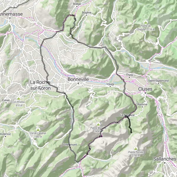 Miniaturní mapa "Okružní cyklistická trasa z Boëge" inspirace pro cyklisty v oblasti Rhône-Alpes, France. Vytvořeno pomocí plánovače tras Tarmacs.app