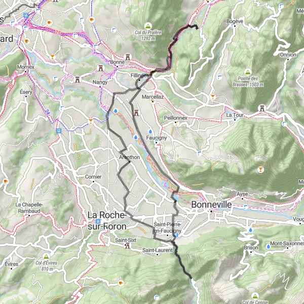 Mapa miniatúra "Okružná cyklistická trasa cez Saint-André-de-Boëge" cyklistická inšpirácia v Rhône-Alpes, France. Vygenerované cyklistickým plánovačom trás Tarmacs.app