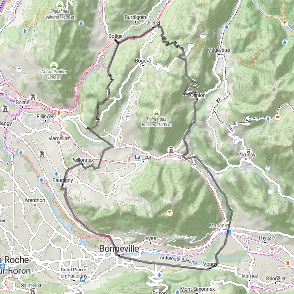 Miniature de la carte de l'inspiration cycliste "Tour de Boëge et les environs" dans la Rhône-Alpes, France. Générée par le planificateur d'itinéraire cycliste Tarmacs.app