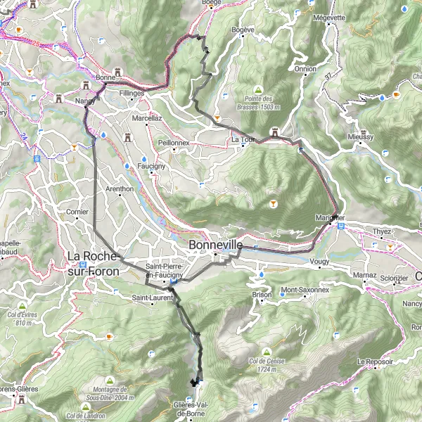 Zemljevid v pomanjšavi "Saint-André-de-Boëge do Curseille" kolesarske inspiracije v Rhône-Alpes, France. Generirano z načrtovalcem kolesarskih poti Tarmacs.app