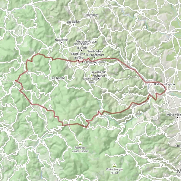 Map miniature of "Gravel Adventure: Boën-sur-Lignon Exploration" cycling inspiration in Rhône-Alpes, France. Generated by Tarmacs.app cycling route planner