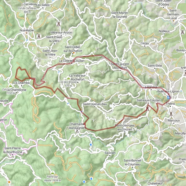 Map miniature of "Gravel Route from Boën-sur-Lignon to Morière" cycling inspiration in Rhône-Alpes, France. Generated by Tarmacs.app cycling route planner