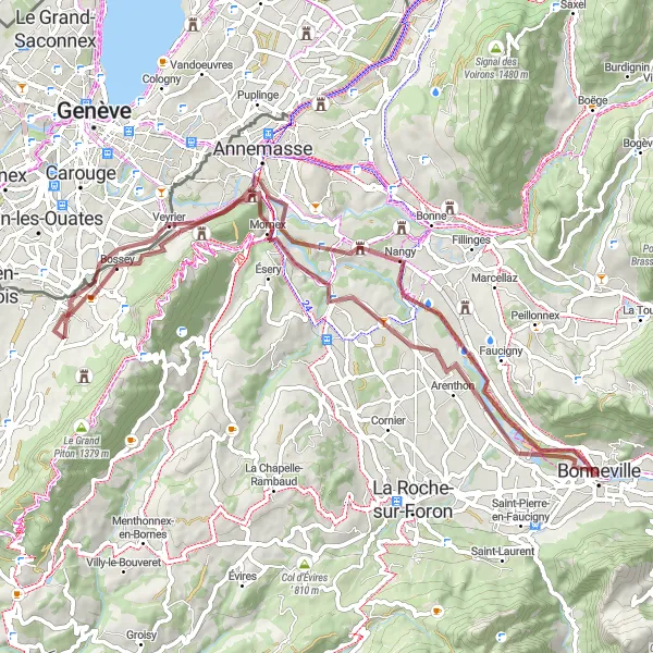 Miniatura della mappa di ispirazione al ciclismo "Avventura gravel tra Nangy e Château de Bonneville" nella regione di Rhône-Alpes, France. Generata da Tarmacs.app, pianificatore di rotte ciclistiche