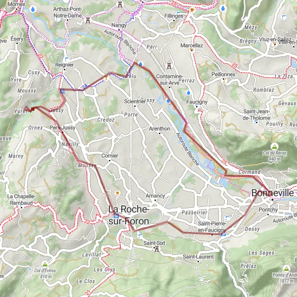 Miniatura della mappa di ispirazione al ciclismo "Esplorazione in gravel tra Saint-Pierre-en-Faucigny e Château de Bonneville" nella regione di Rhône-Alpes, France. Generata da Tarmacs.app, pianificatore di rotte ciclistiche