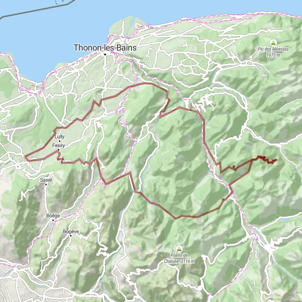 Mapa miniatúra "Gravel Adventure - Bons-en-Chablais" cyklistická inšpirácia v Rhône-Alpes, France. Vygenerované cyklistickým plánovačom trás Tarmacs.app