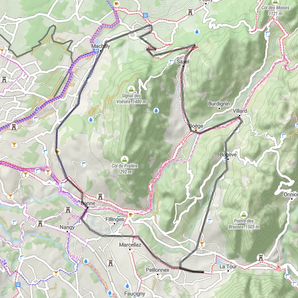 Map miniature of "Bons-en-Chablais Loop" cycling inspiration in Rhône-Alpes, France. Generated by Tarmacs.app cycling route planner