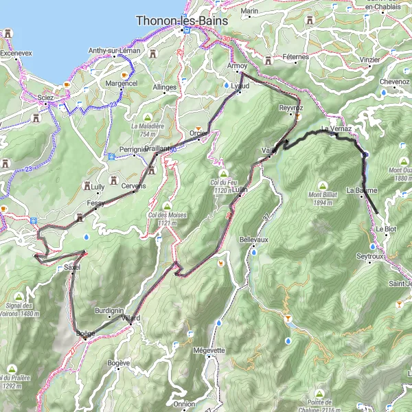 Zemljevid v pomanjšavi "Razgibana kolesarska pot okoli Bons-en-Chablais" kolesarske inspiracije v Rhône-Alpes, France. Generirano z načrtovalcem kolesarskih poti Tarmacs.app