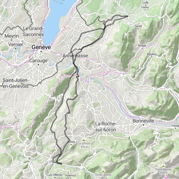 Mapa miniatúra "Scenic Road Tour - Bons-en-Chablais" cyklistická inšpirácia v Rhône-Alpes, France. Vygenerované cyklistickým plánovačom trás Tarmacs.app