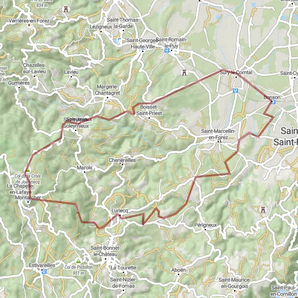 Kartminiatyr av "Bonson til Bonson via La Chapelle-en-Lafaye" sykkelinspirasjon i Rhône-Alpes, France. Generert av Tarmacs.app sykkelrutoplanlegger