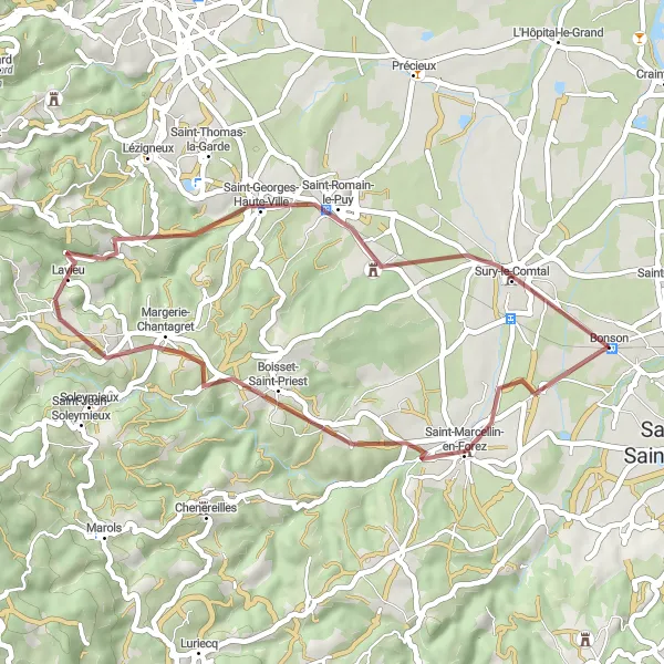 Miniatuurkaart van de fietsinspiratie "Saint-Marcellin-en-Forez Verkenning" in Rhône-Alpes, France. Gemaakt door de Tarmacs.app fietsrouteplanner