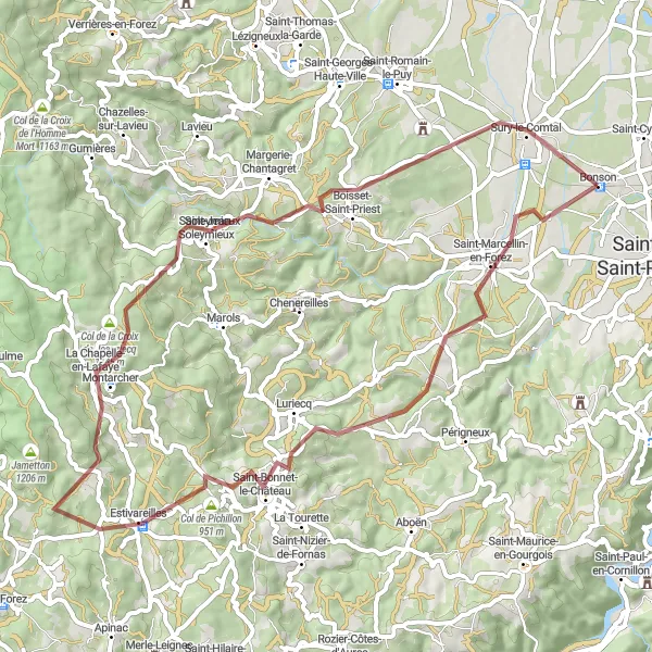 Map miniature of "Saint-Marcellin-en-Forez and Col de Pichillon Gravel Route" cycling inspiration in Rhône-Alpes, France. Generated by Tarmacs.app cycling route planner