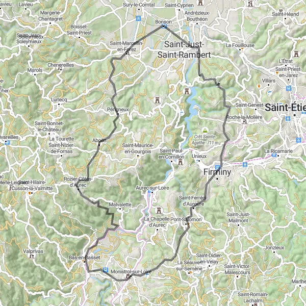 Miniatua del mapa de inspiración ciclista "Ruta en Carretera a través de Saint-Just-Saint-Rambert y Monistrol-sur-Loire" en Rhône-Alpes, France. Generado por Tarmacs.app planificador de rutas ciclistas