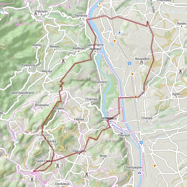 Miniature de la carte de l'inspiration cycliste "Exploration gravel entre collines et rivières" dans la Rhône-Alpes, France. Générée par le planificateur d'itinéraire cycliste Tarmacs.app