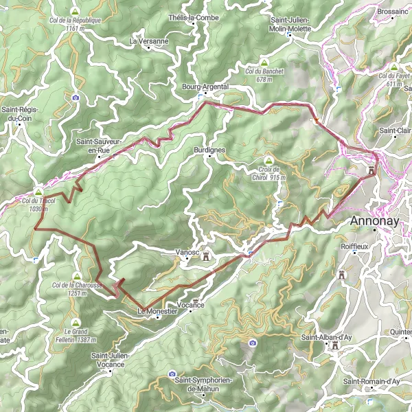 Miniature de la carte de l'inspiration cycliste "Les sentiers gravel autour de Boulieu-lès-Annonay" dans la Rhône-Alpes, France. Générée par le planificateur d'itinéraire cycliste Tarmacs.app