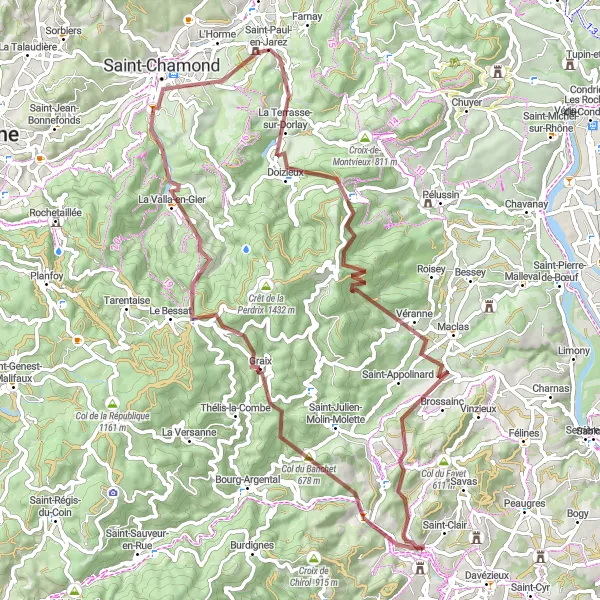 Miniature de la carte de l'inspiration cycliste "Aventure Gravel à La Valla-en-Gier" dans la Rhône-Alpes, France. Générée par le planificateur d'itinéraire cycliste Tarmacs.app