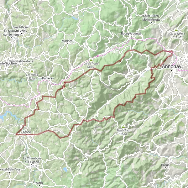 Miniature de la carte de l'inspiration cycliste "Circuit Gravel autour de Boulieu-lès-Annonay" dans la Rhône-Alpes, France. Générée par le planificateur d'itinéraire cycliste Tarmacs.app