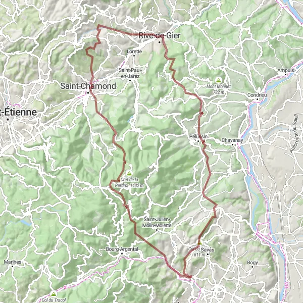 Miniature de la carte de l'inspiration cycliste "Parcours à vélo Gravel du Crêt de la Perdrix" dans la Rhône-Alpes, France. Générée par le planificateur d'itinéraire cycliste Tarmacs.app