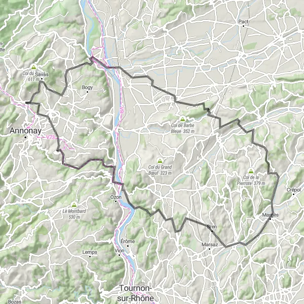 Miniature de la carte de l'inspiration cycliste "Les grands cols du Sud Ardèche en vélo de route" dans la Rhône-Alpes, France. Générée par le planificateur d'itinéraire cycliste Tarmacs.app