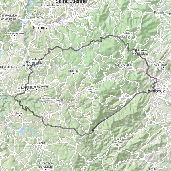 Miniature de la carte de l'inspiration cycliste "Randonnée à vélo exigeante de Villevocance" dans la Rhône-Alpes, France. Générée par le planificateur d'itinéraire cycliste Tarmacs.app