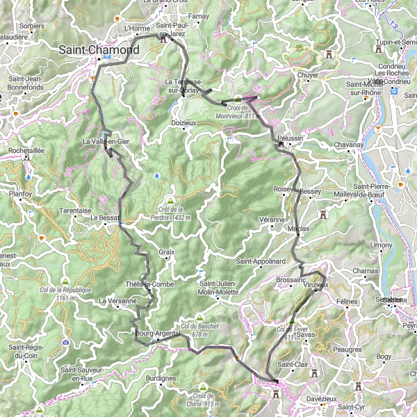Miniature de la carte de l'inspiration cycliste "Tour à vélo panoramique de Saint-Chamond" dans la Rhône-Alpes, France. Générée par le planificateur d'itinéraire cycliste Tarmacs.app