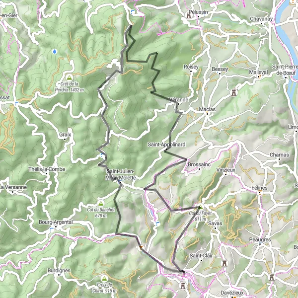 Miniature de la carte de l'inspiration cycliste "Boucle à vélo sur route des Trois Dents" dans la Rhône-Alpes, France. Générée par le planificateur d'itinéraire cycliste Tarmacs.app