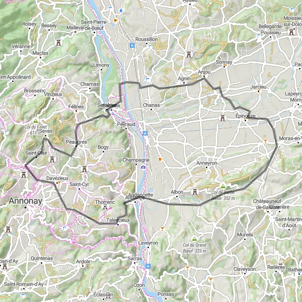 Miniature de la carte de l'inspiration cycliste "Boulieu-lès-Annonay et ses environs" dans la Rhône-Alpes, France. Générée par le planificateur d'itinéraire cycliste Tarmacs.app
