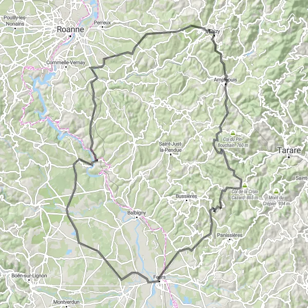 Karttaminiaatyyri "Bourg-de-Thizy - Notre-Dame-de-Boisset - Bourg-de-Thizy (Road)" pyöräilyinspiraatiosta alueella Rhône-Alpes, France. Luotu Tarmacs.app pyöräilyreittisuunnittelijalla