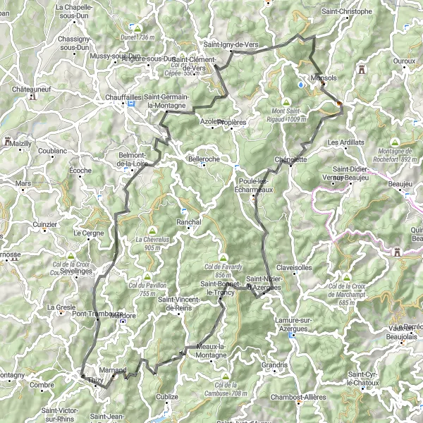 Map miniature of "Bourg-de-Thizy Loop: Hills and Valleys" cycling inspiration in Rhône-Alpes, France. Generated by Tarmacs.app cycling route planner