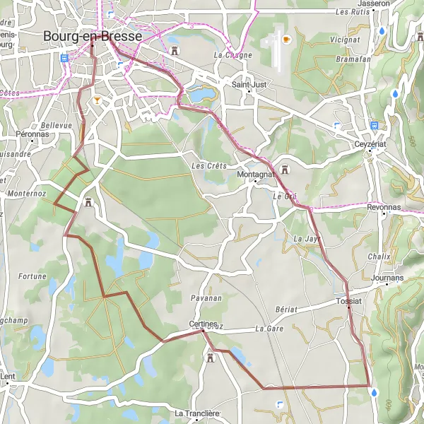 Mapa miniatúra "Gravelová cyklotrasa Montagnat" cyklistická inšpirácia v Rhône-Alpes, France. Vygenerované cyklistickým plánovačom trás Tarmacs.app