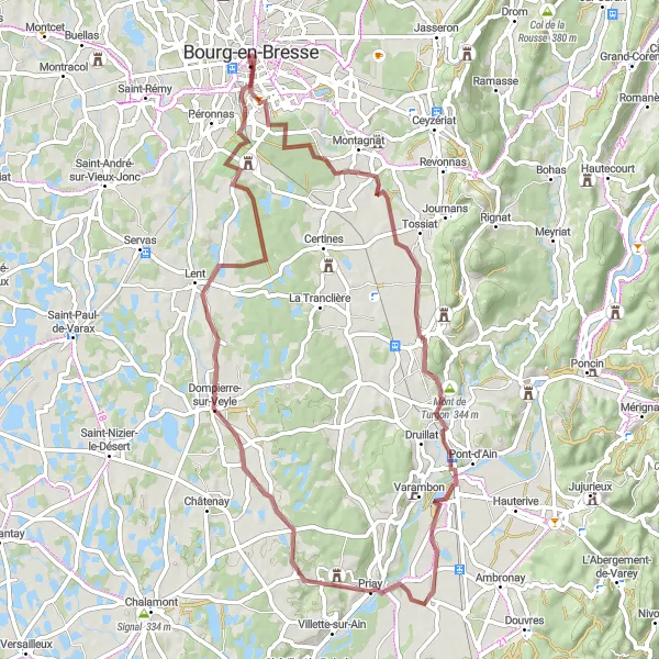 Miniatuurkaart van de fietsinspiratie "Avontuurlijke gravelroute in de omgeving van Bourg-en-Bresse" in Rhône-Alpes, France. Gemaakt door de Tarmacs.app fietsrouteplanner