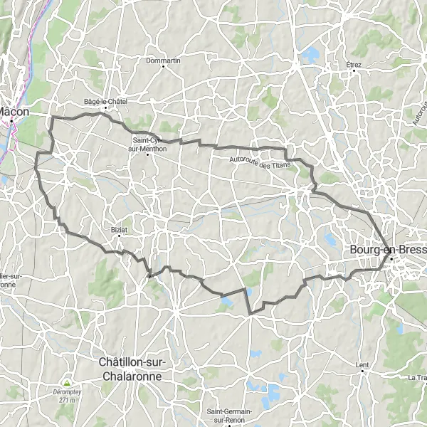 Miniature de la carte de l'inspiration cycliste "Bourg-en-Bresse Road Adventure" dans la Rhône-Alpes, France. Générée par le planificateur d'itinéraire cycliste Tarmacs.app