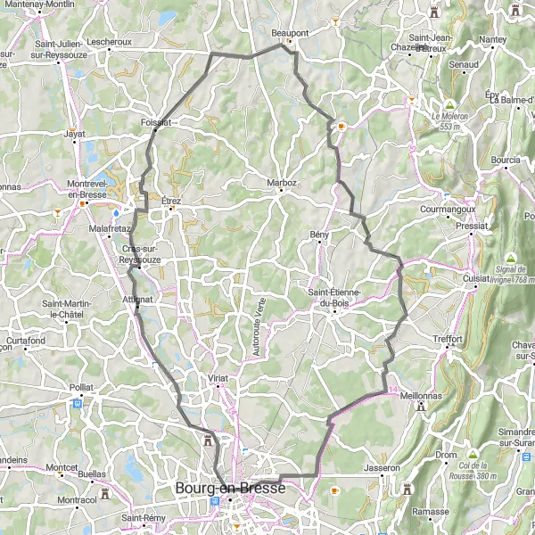 Miniaturní mapa "Road Attignat - Beaupont - Pirajoux - Monastère Royal de Brou" inspirace pro cyklisty v oblasti Rhône-Alpes, France. Vytvořeno pomocí plánovače tras Tarmacs.app