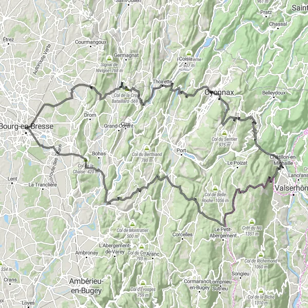 Mapa miniatúra "Náročná cestná trasa cez Château de Treffort, Oyonnax a Monastère Royal de Brou" cyklistická inšpirácia v Rhône-Alpes, France. Vygenerované cyklistickým plánovačom trás Tarmacs.app