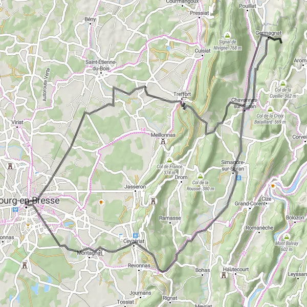 Map miniature of "Bourg-en-Bresse to Pont-de-Jugnon and Monastère Royal de Brou" cycling inspiration in Rhône-Alpes, France. Generated by Tarmacs.app cycling route planner