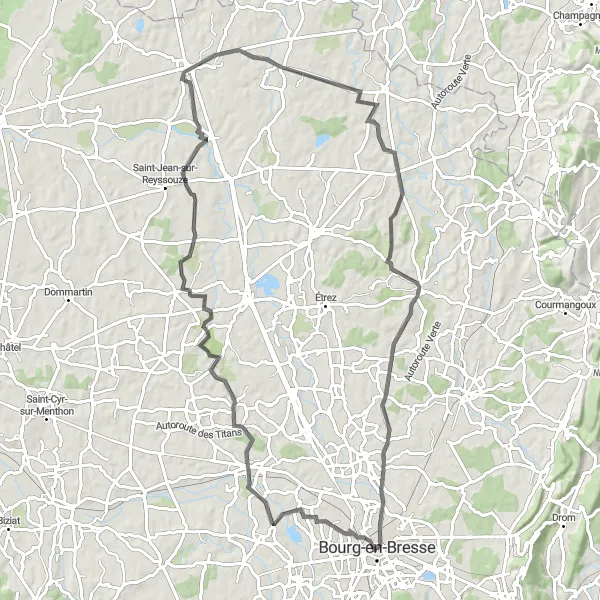 Miniatua del mapa de inspiración ciclista "Aventura ciclista por los alrededores de Bourg-en-Bresse" en Rhône-Alpes, France. Generado por Tarmacs.app planificador de rutas ciclistas