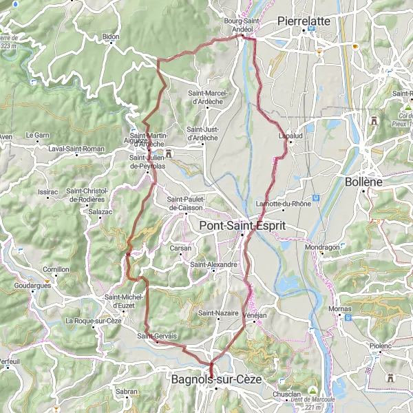 Miniatura della mappa di ispirazione al ciclismo "Esplorazione in bicicletta delle meraviglie naturali dell'Ardèche" nella regione di Rhône-Alpes, France. Generata da Tarmacs.app, pianificatore di rotte ciclistiche